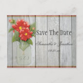 Mason Jar Red Dahlias Schuur Hout Save the Date Aankondigingskaart (Voorkant)