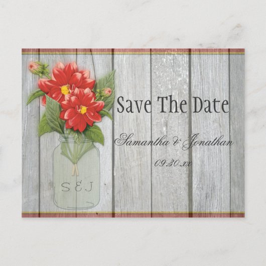Mason Jar Red Dahlias Schuur Hout Save the Date Aankondigingskaart (Voorkant)