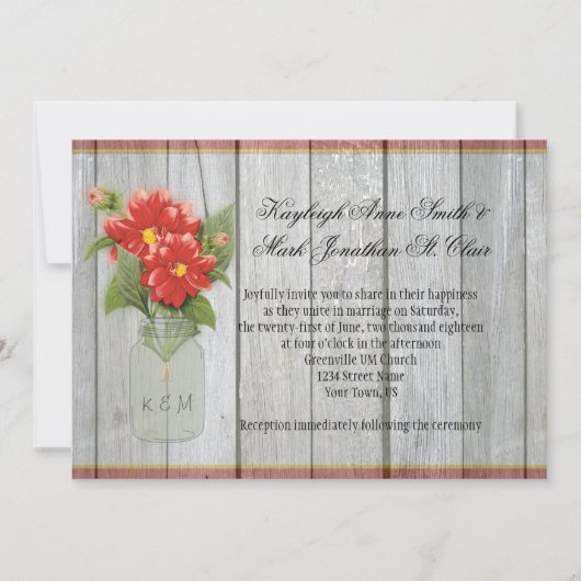 Mason Jar Red Dahlias Schuur Hout Uitnodigingen (Voorkant)