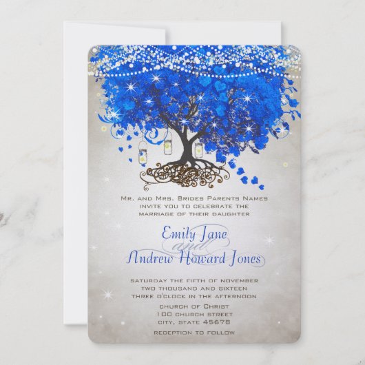 Mason Jar Royal Blue Heart Leaf Tree Wedding Kaart (Voorkant)