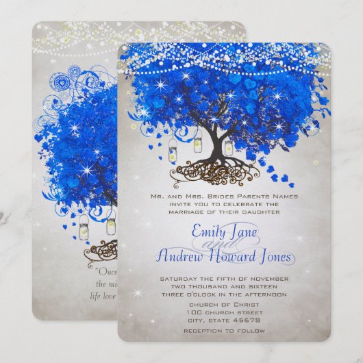 Mason Jar Royal Blue Heart Leaf Tree Wedding Kaart (Voorkant / Achterkant)