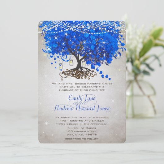 Mason Jar Royal Blue Heart Leaf Tree Wedding Kaart (Staand voorkant)