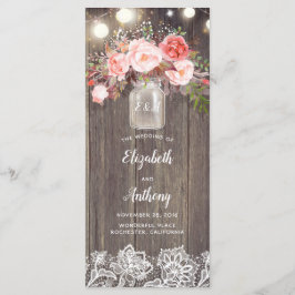Mason Jar Roze Bloemen Rustieke Bruiloft Programma Programmakaart