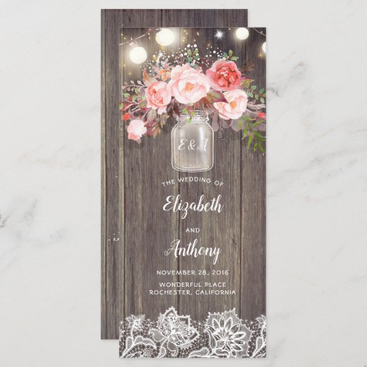 Mason Jar Roze Bloemen Rustieke Bruiloft Programma Programmakaart (Voorkant / Achterkant)