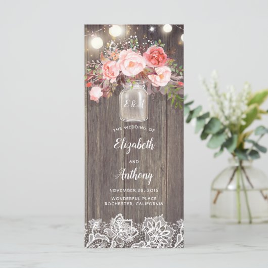 Mason Jar Roze Bloemen Rustieke Bruiloft Programma Programmakaart (Staand voorkant)