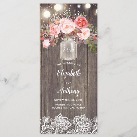 Mason Jar Roze Bloemen Rustieke Bruiloft Programma Programmakaart (Voorkant)
