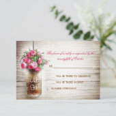 Mason jar & roze bloemen trouw RSVP kaart (Staand voorkant)