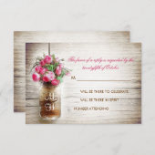 Mason jar & roze bloemen trouw RSVP kaart (Voorkant / Achterkant)