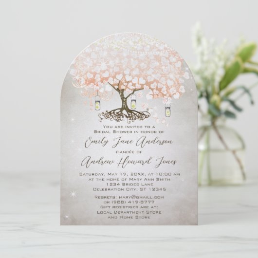Mason Jar Roze Hart Blad Boom Bruiloft Kaart (Staand voorkant)