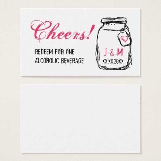 Mason Jar & Roze Hart Bruiloft Drink Ticket Visitekaartjes (Voorkant /achterkant)