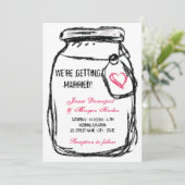 Mason Jar & Roze Hart Bruiloft Uitnodigen Kaart (Staand voorkant)