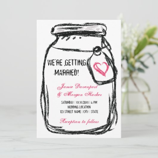 Mason Jar & Roze Hart Bruiloft Uitnodigen Kaart (Staand voorkant)