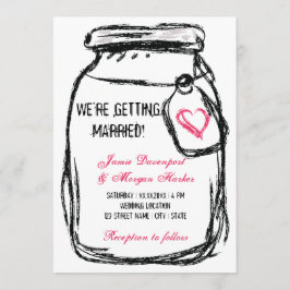 Mason Jar & Roze Hart Bruiloft Uitnodigen Kaart