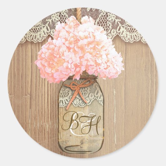 Mason Jar Roze Hydrangea Bloemen Rustieke Bruiloft Ronde Sticker (Voorkant)