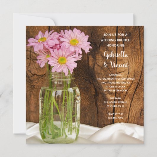 Mason Jar Roze Margrieten Landelijke Bruidsontbijt Kaart (Voorkant)