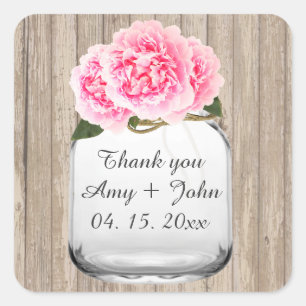 Mason jar roze pioen bruiloft sticker labels pioen