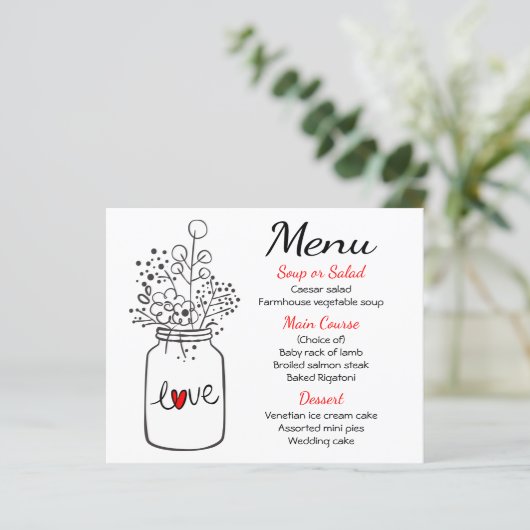Mason Jar Rust Wedding Menu Black Red Floral (Staand voorkant)