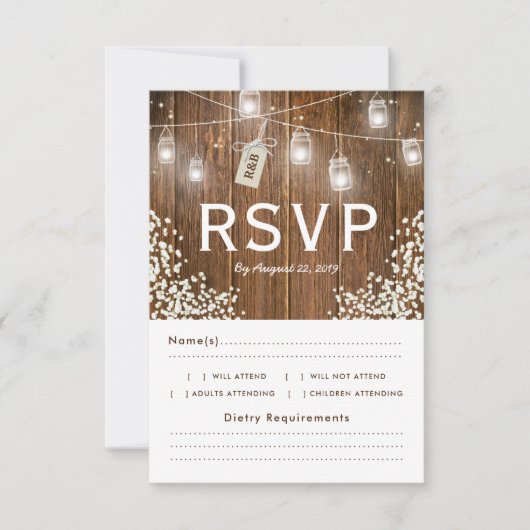 Mason Jar Rustic Babys Breath RSVP Menu Keuze (Voorkant)