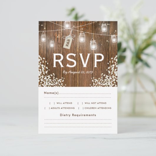 Mason Jar Rustic Babys Breath RSVP Menu Keuze (Staand voorkant)