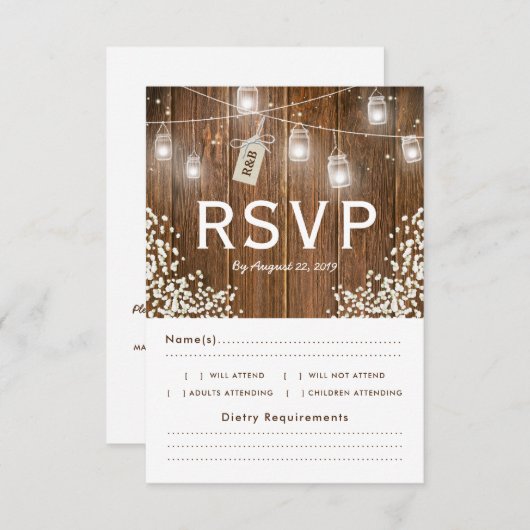 Mason Jar Rustic Babys Breath RSVP Menu Keuze (Voorkant / Achterkant)