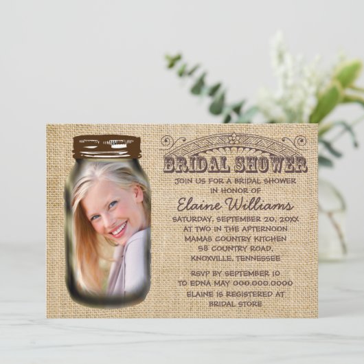 Mason Jar Rustic Burlap Bridal Shower Kaart (Staand voorkant)