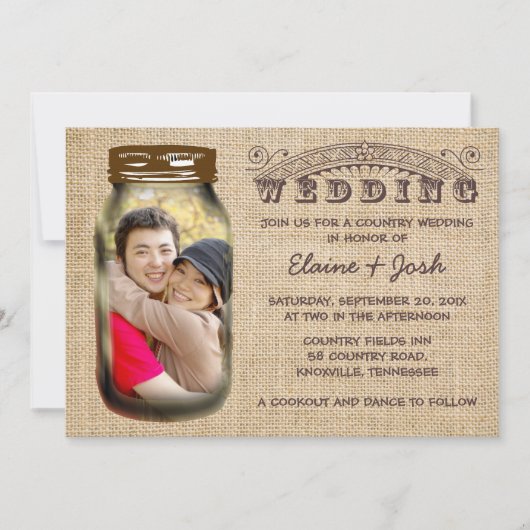 Mason Jar Rustic Burlap Country Wedding Kaart (Voorkant)