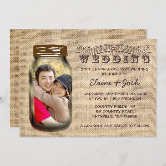 Mason Jar Rustic Burlap Country Wedding Kaart (Voorkant / Achterkant)