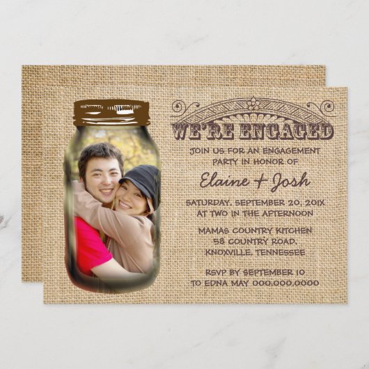 Mason Jar Rustic Burlap Engagement Party Kaart (Voorkant / Achterkant)