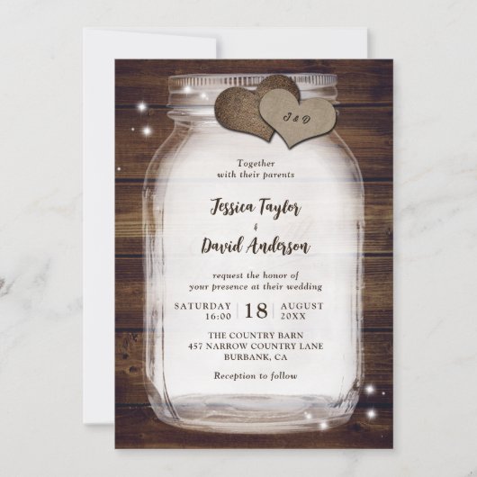 Mason Jar Rustic Burlap Hearts Barn Wood Wedding Kaart (Voorkant)