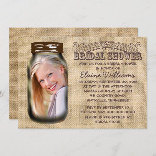 Mason Jar Rustic Burlap Vrijgezellenfeest Kaart (Voorkant / Achterkant)