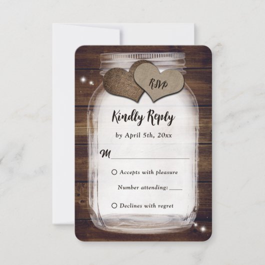 Mason Jar Rustic Country Burlap Heart Wedding RSVP Kaartje (Voorkant)