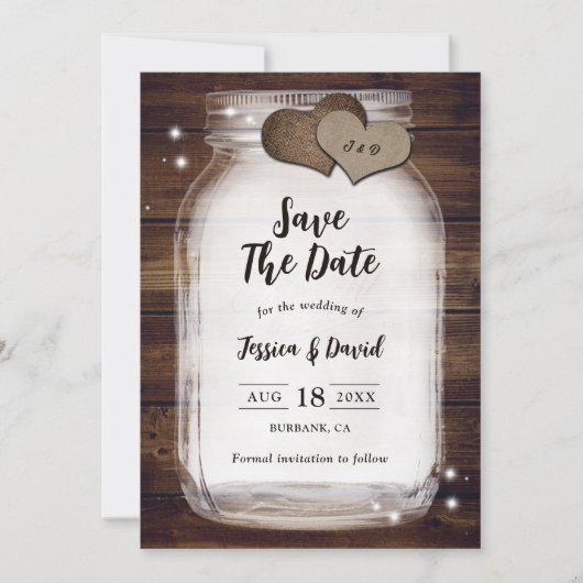Mason Jar Rustic Country Heart Barn Wood Weddensch Save The Date (Voorkant)