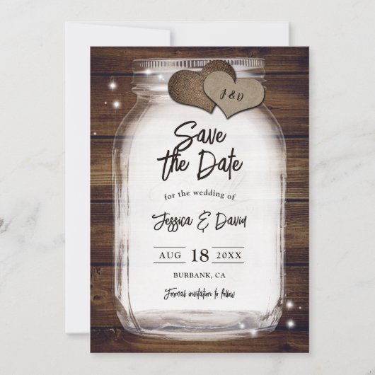 Mason Jar Rustic Country Heart Barn Wood Weddensch Save The Date (Voorkant)