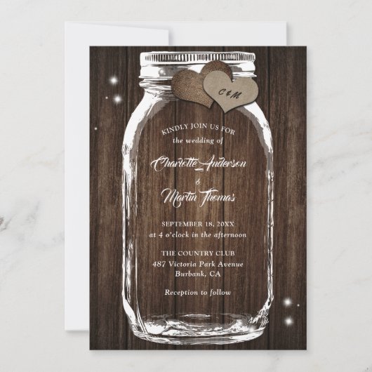 Mason Jar Rustic Country Wood Burlap Heart Wedding Kaart (Voorkant)