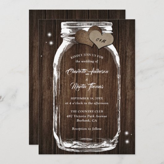 Mason Jar Rustic Country Wood Burlap Heart Wedding Kaart (Voorkant / Achterkant)
