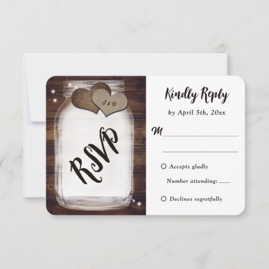 Mason Jar Rustic Country Wood Burlap Heart Wedding RSVP Kaartje (Voorkant)