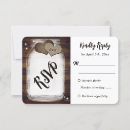 Mason Jar Rustic Country Wood Burlap Heart Wedding RSVP Kaartje