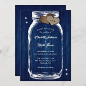 Mason Jar Rustic Country Wood Navy Blue Wedding Kaart (Voorkant / Achterkant)