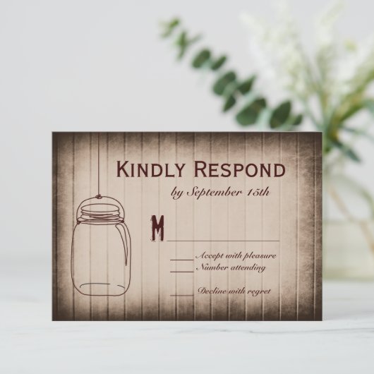 Mason Jar Rustic Country Wood Weddenschap RSVP-kaa RSVP Kaartje (Staand voorkant)