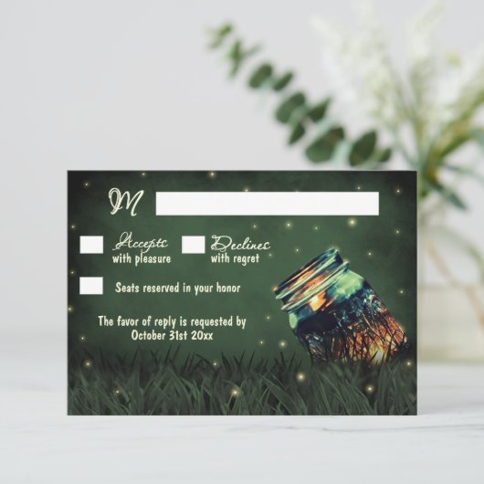 Mason Jar Rustic Firefly Wedding RSVP Kaarten (Staand voorkant)