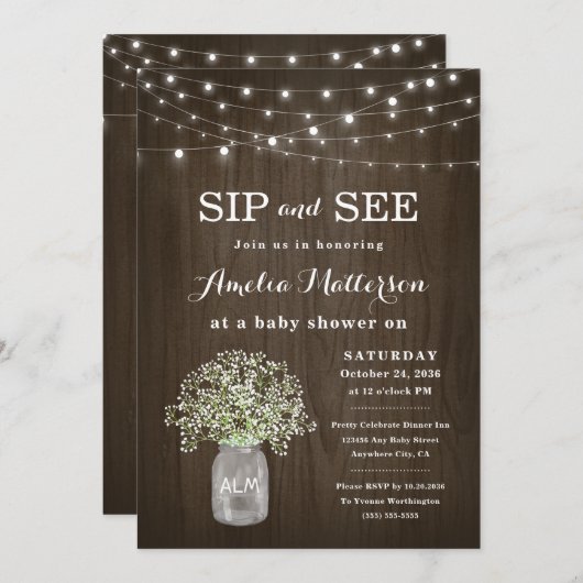 Mason Jar Rustic Floral Sip and See Baby shower Kaart (Voorkant / Achterkant)