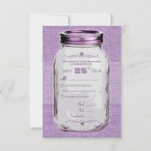 Mason Jar Rustic Kijk Paarse aangepaste RSVP Kaartje (Voorkant)