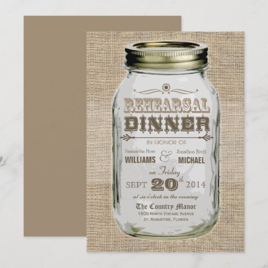 Mason Jar Rustic  Kijk repesal Dinner Kaart (Voorkant / Achterkant)
