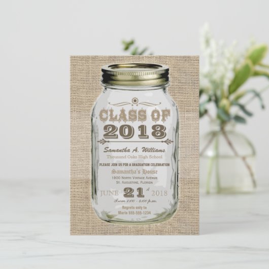 Mason Jar Rustic  Look Burlap Afstuderen Kaart (Staand voorkant)