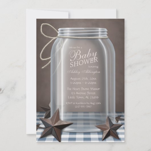Mason Jar Rustic Stars Blue Gingham Baby shower Kaart (Voorkant)
