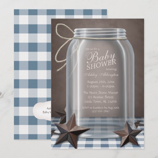 Mason Jar Rustic Stars Blue Gingham Baby shower Kaart (Voorkant / Achterkant)