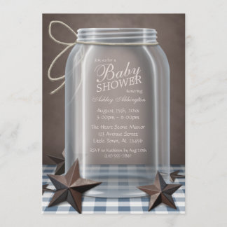 Mason Jar Rustic Stars Blue Gingham Baby shower Kaart