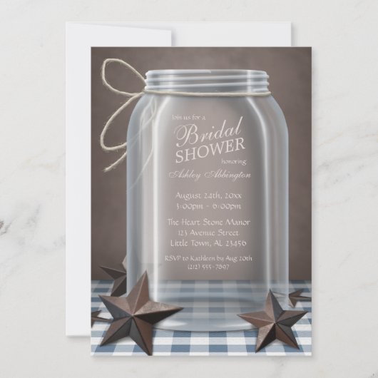 Mason Jar Rustic Stars Blue Gingham Vrijgezellenfe Kaart (Voorkant)