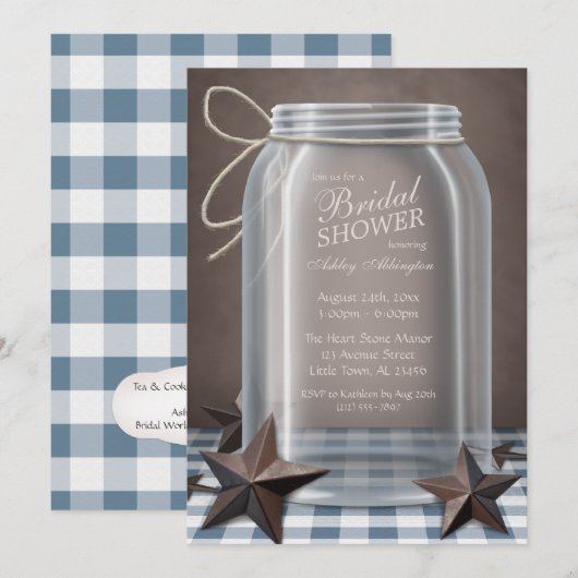 Mason Jar Rustic Stars Blue Gingham Vrijgezellenfe Kaart (Voorkant / Achterkant)