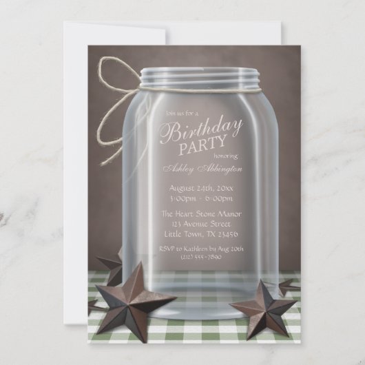 Mason Jar Rustic Stars Green Gingham Birthday Kaart (Voorkant)